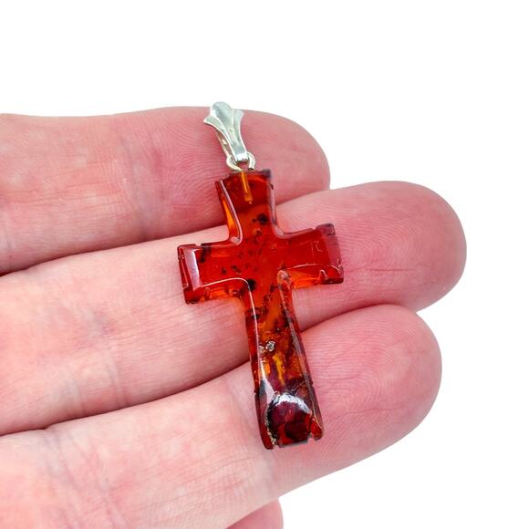 Vintage Sterling Silver 925 Amber Religious Cross Pendant - Picture 1 of 7